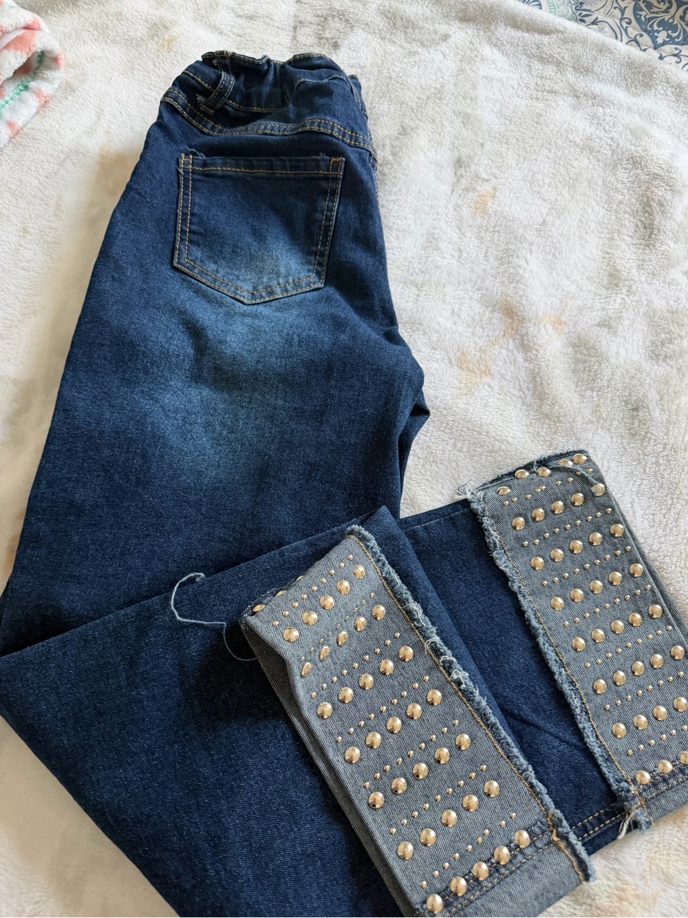 Girl's Dark Blue Studded Hem Jeans